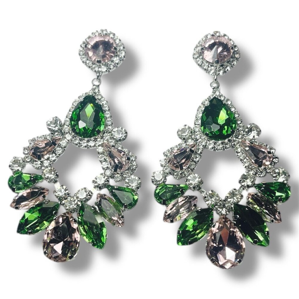 Art Deco Silver Toned Fashion Earrings with Green, Pink, and Clear Rhinestones
